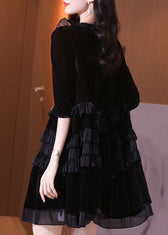 Italian Black Ruffled Lace Up Patchwork Velour Mid Dress Half Sleeve 5