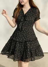 Italian Black Ruffled Print Chiffon Tea Dresses Summer 2