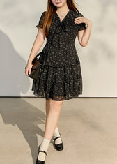 Italian Black Ruffled Print Chiffon Tea Dresses Summer 3