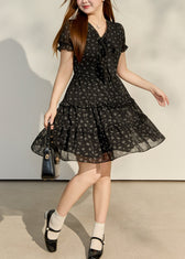 Italian Black Ruffled Print Chiffon Tea Dresses Summer 4