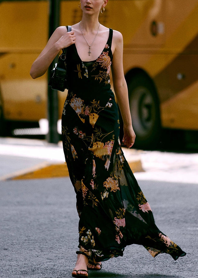 Floral Print Scoop Neck Wide Strap Flowy Maxi Dress