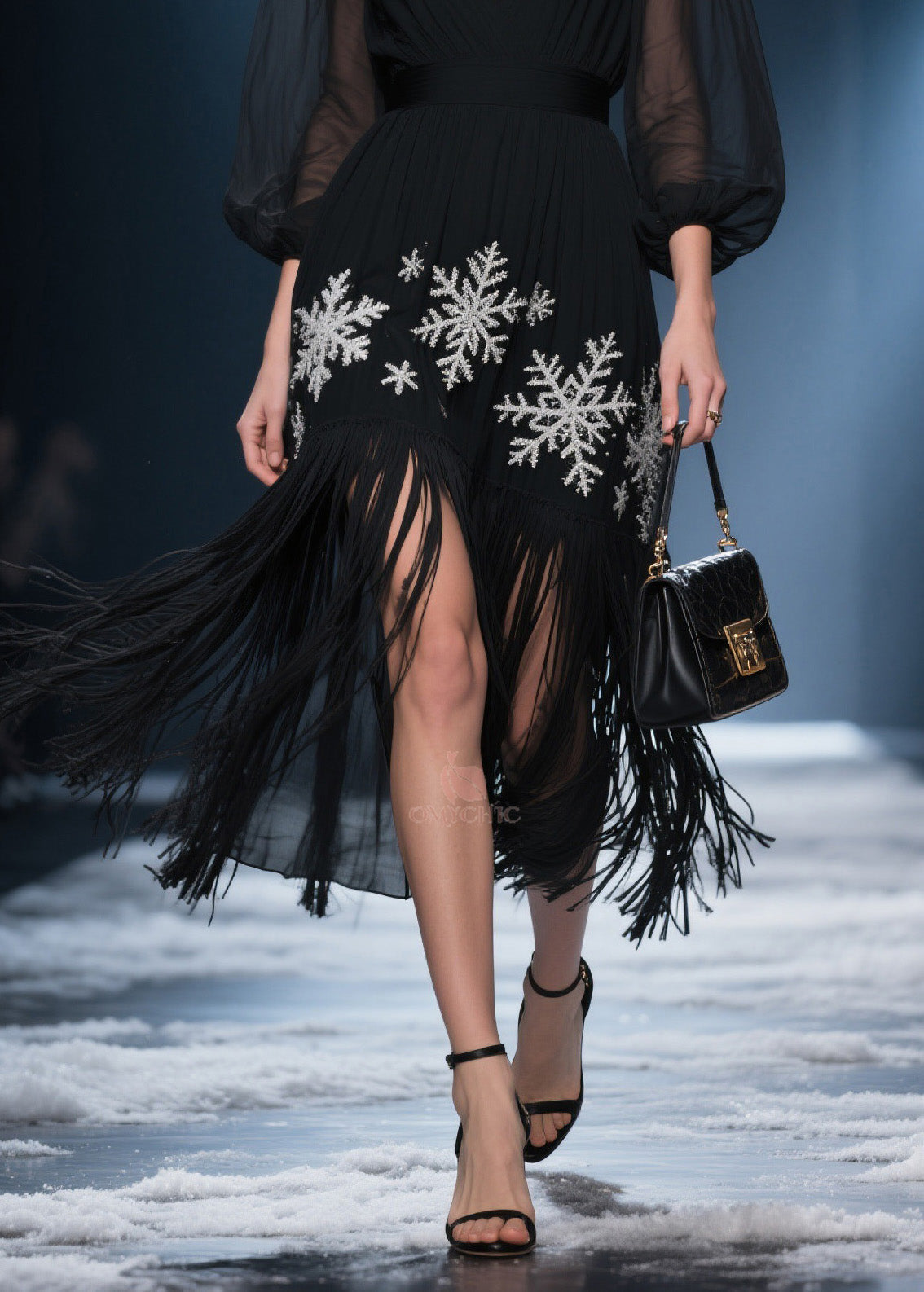 Deep V-Neck Sheer Puff Sleeve Snowflake Embroidery Fringe Hem High Split Midi Dress