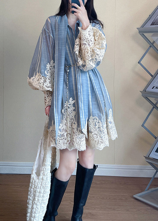 Vertical Stripe Print Deep V-Neck Lace Trim Flared Sleeve Mini Dress