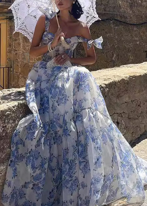 Chiffon Off Shoulder Tie Strap Corset Bodice Tiered Ruffle Floral Maxi Dress