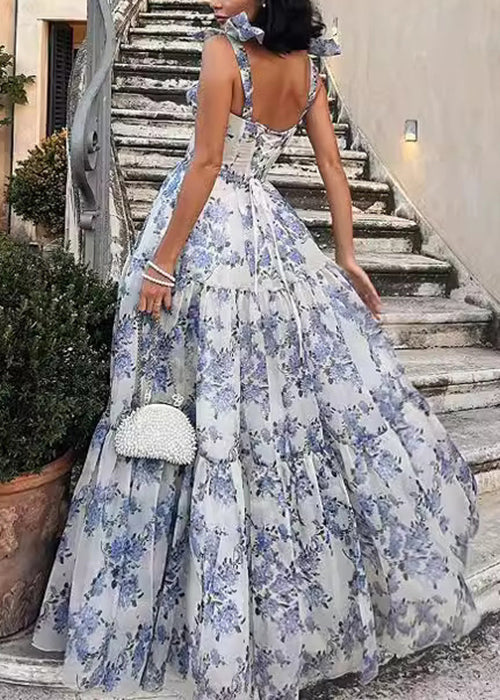 Chiffon Off Shoulder Tie Strap Corset Bodice Tiered Ruffle Floral Maxi Dress