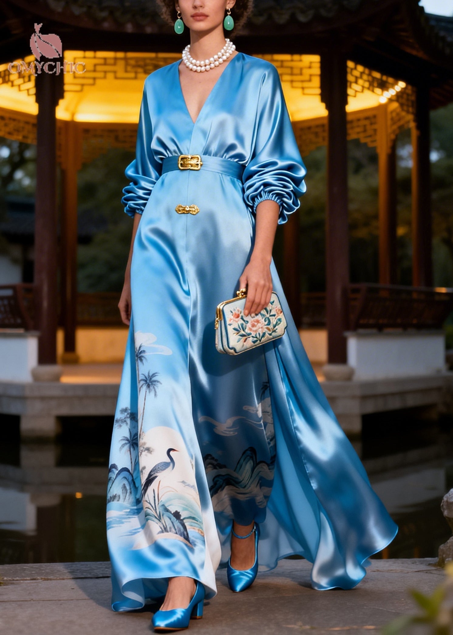 Satin Crane Landscape Print V-Neck Balloon Sleeve Buckle Waist Maxi Dress