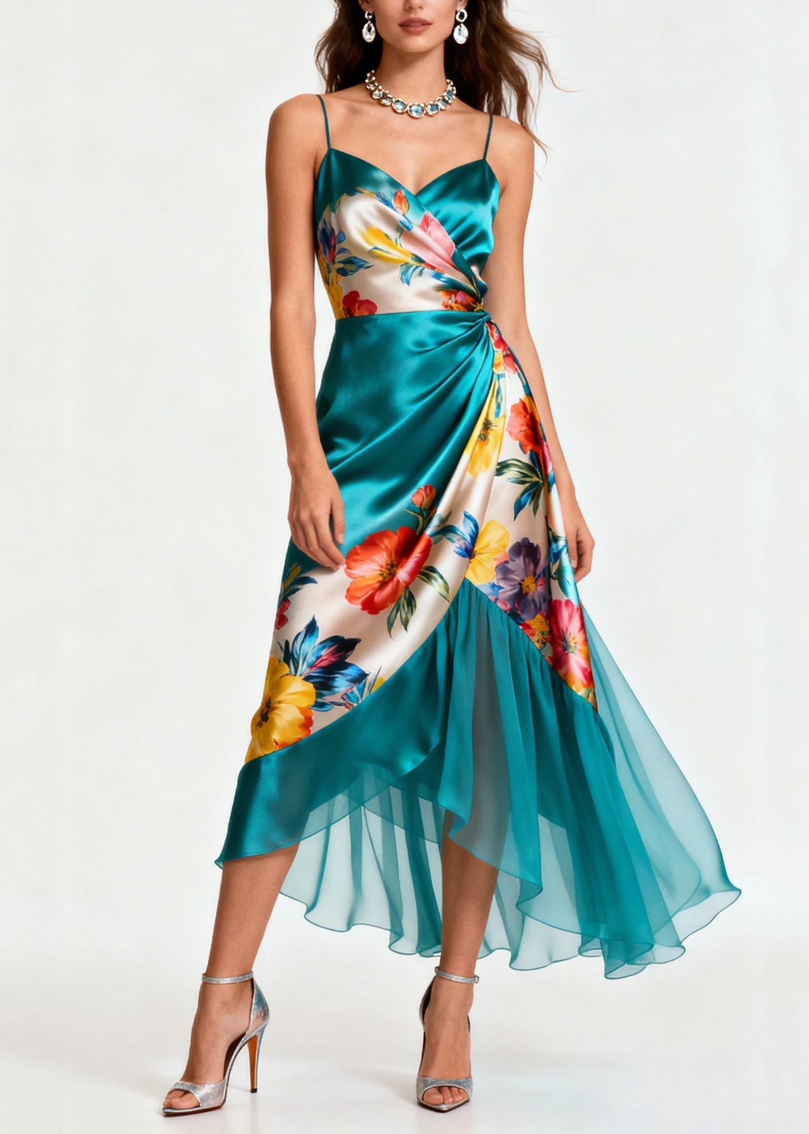 Floral Print Spaghetti Strap Wrap Satin Tiered High Low Midi Dress