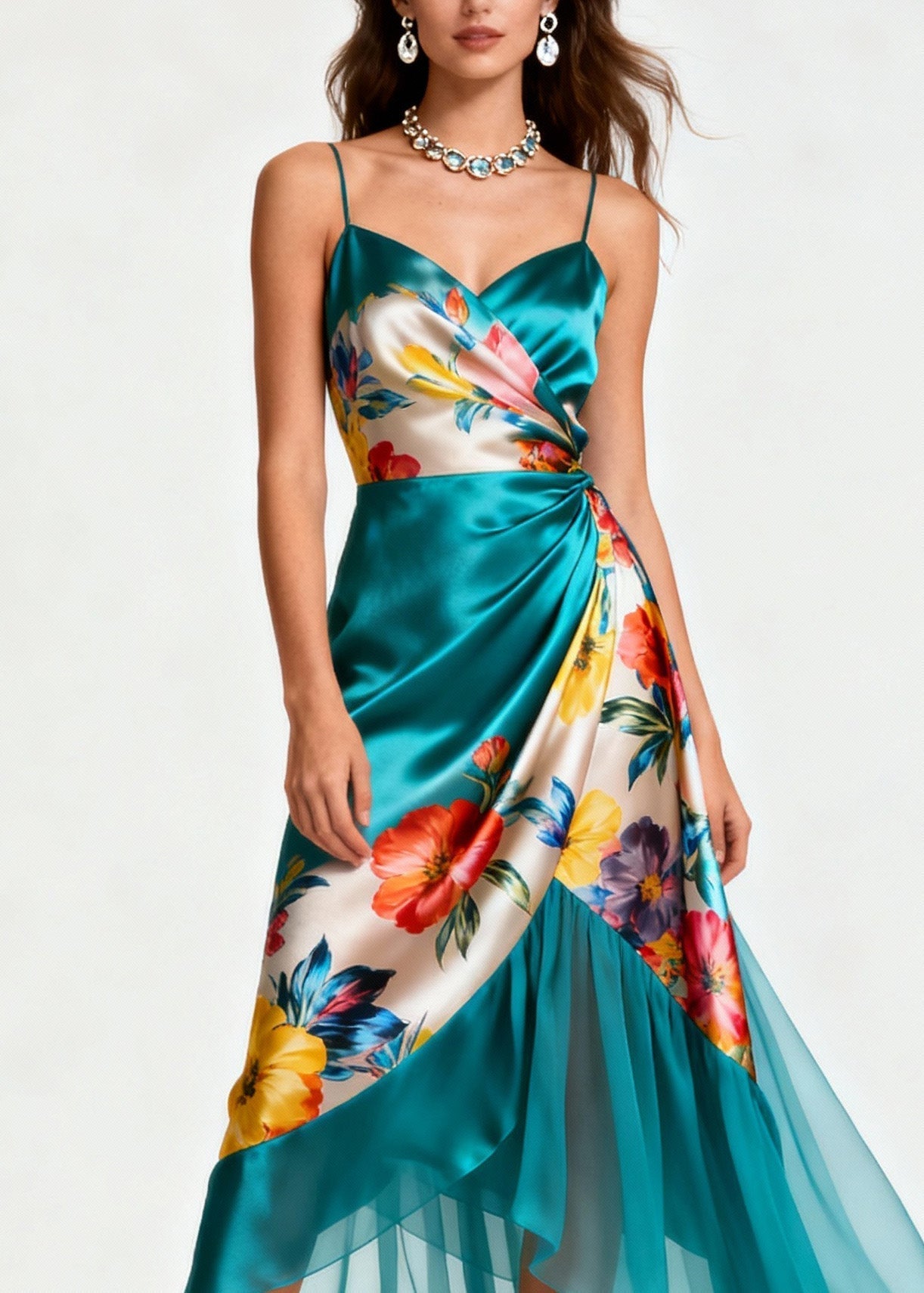 Floral Print Spaghetti Strap Wrap Satin Tiered High Low Midi Dress