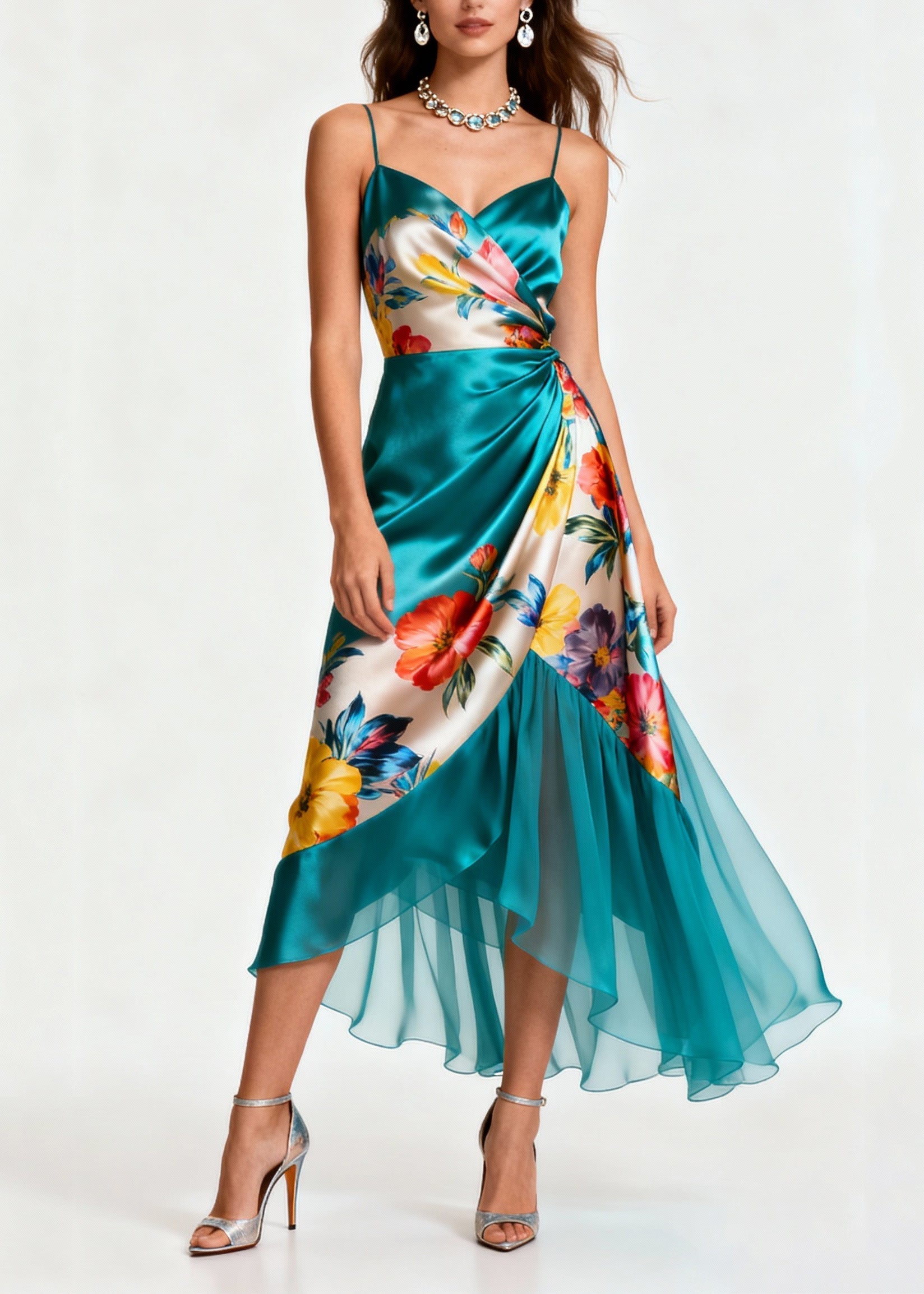 Floral Print Spaghetti Strap Wrap Satin Tiered High Low Midi Dress
