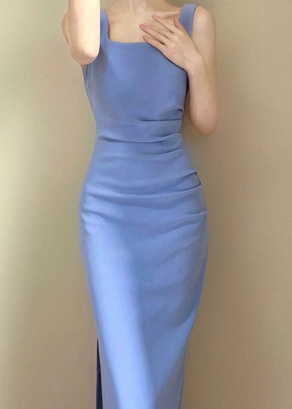 Italian Blue Side Open Wrinkled Cotton Dress Sleeveless