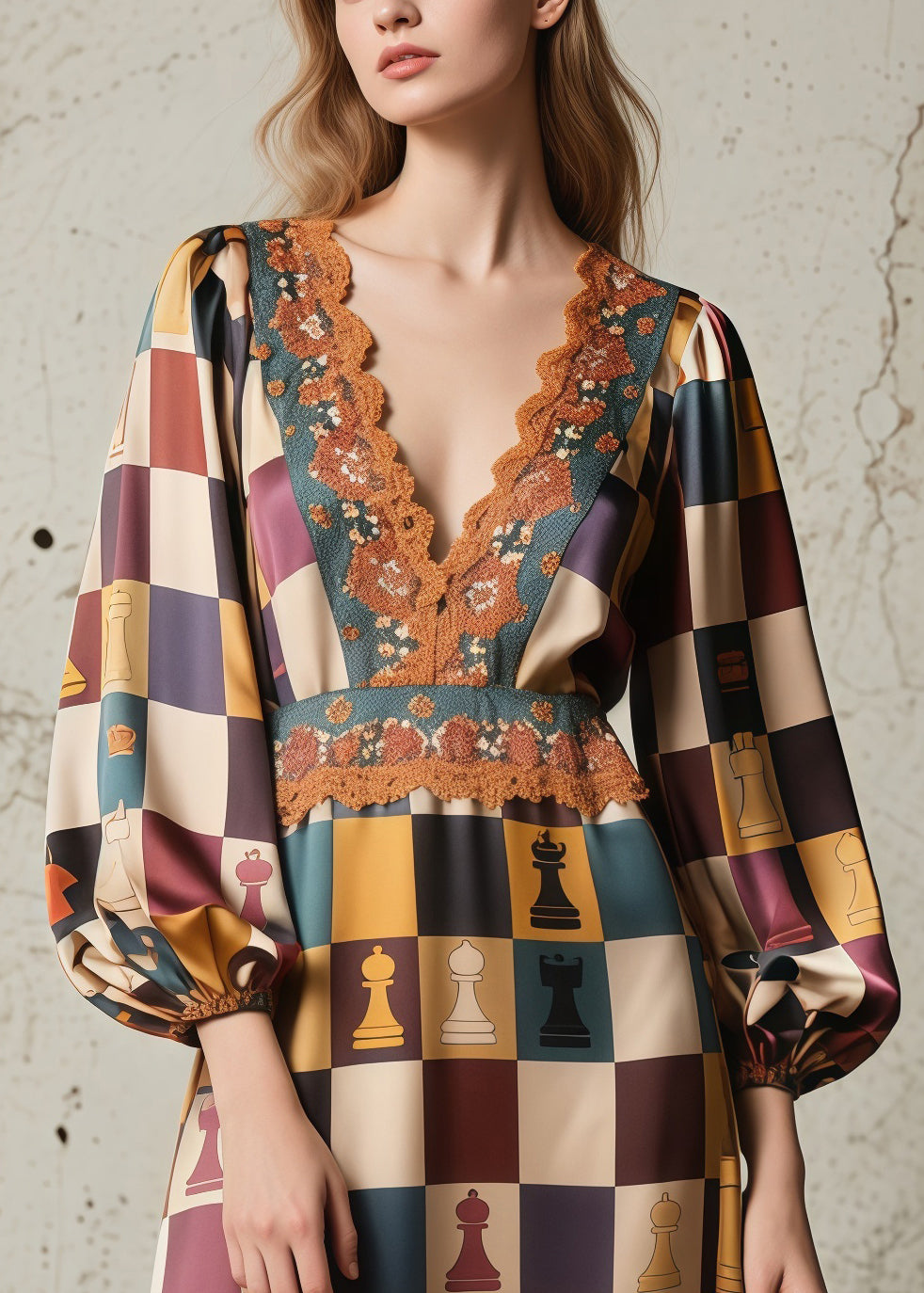 Chess Print Deep V-Neck Bishop Sleeve Lace Trim Empire Waist Maxi Gown