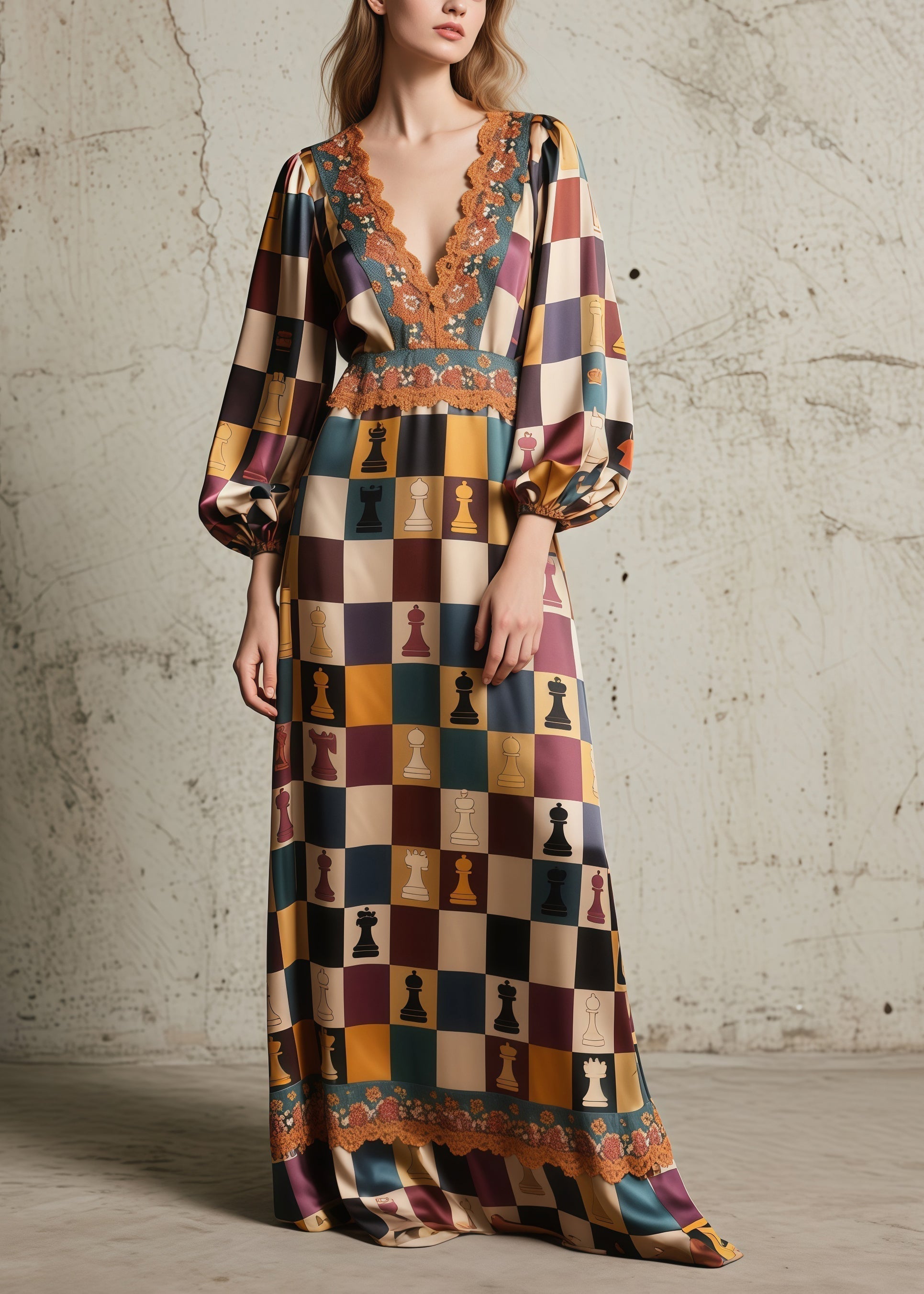 Chess Print Deep V-Neck Bishop Sleeve Lace Trim Empire Waist Maxi Gown