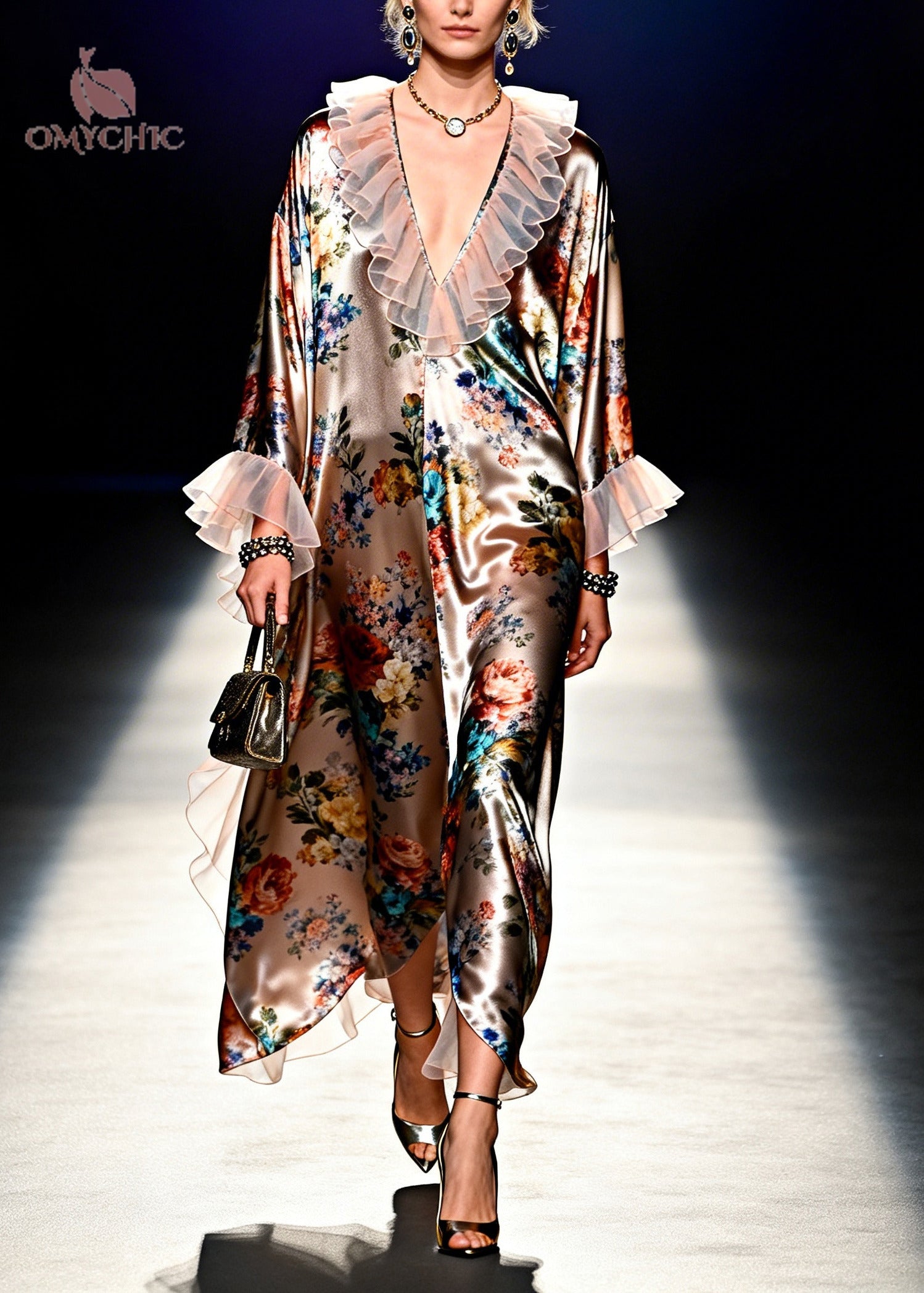 Floral Print Satin Ruffle Collar Ruffle Cuff Long Sleeve Deep V-Neck Kaftan Maxi Dress