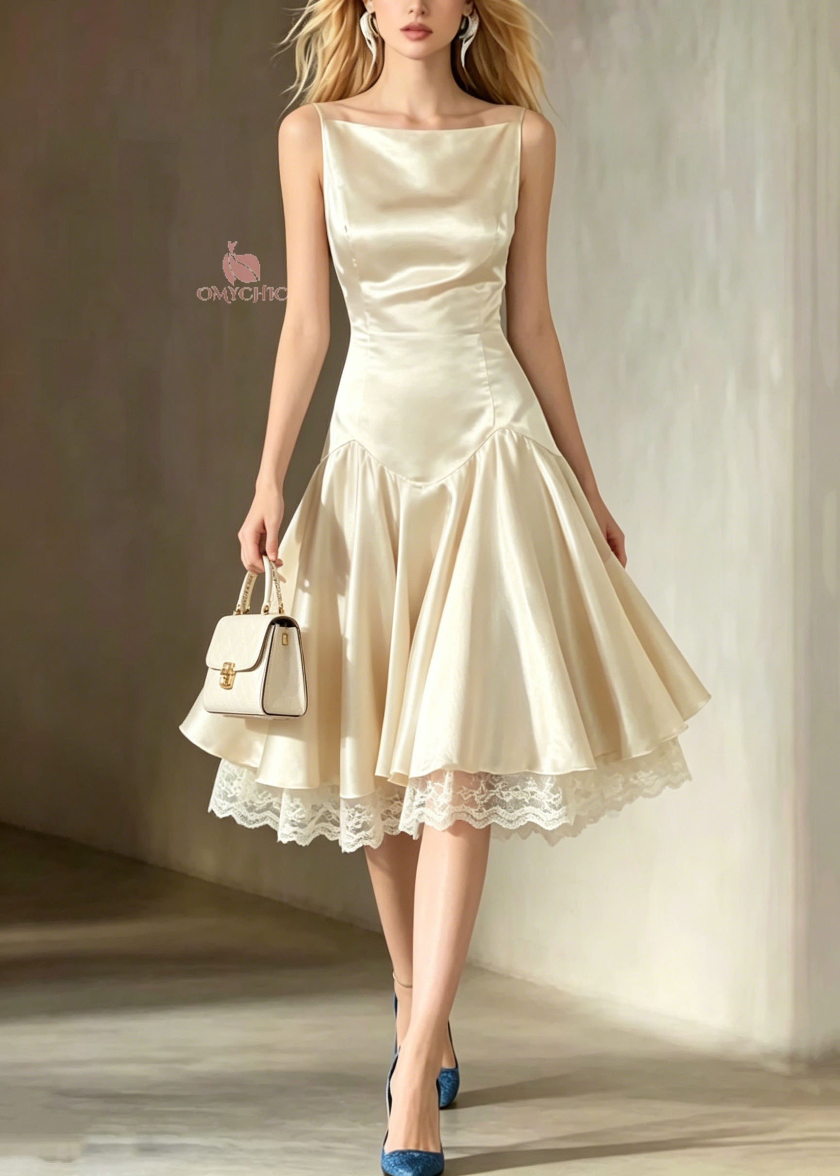 Italian Champagne Lace Patchwork Silk Spaghetti Strap Dress Summer - View 3