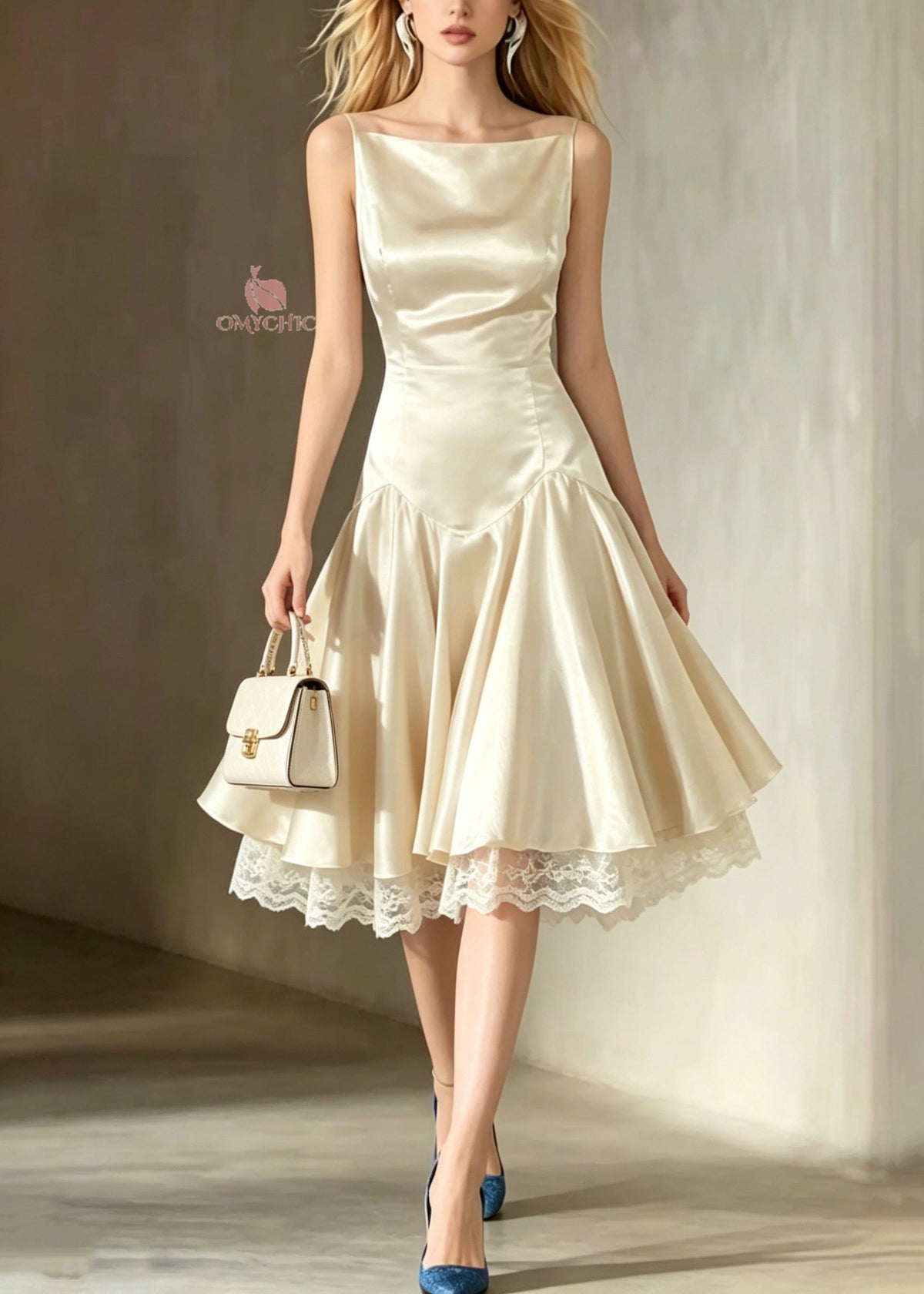 Satin Spaghetti Strap Drop Waist Lace Trim Hem Midi Dress 3