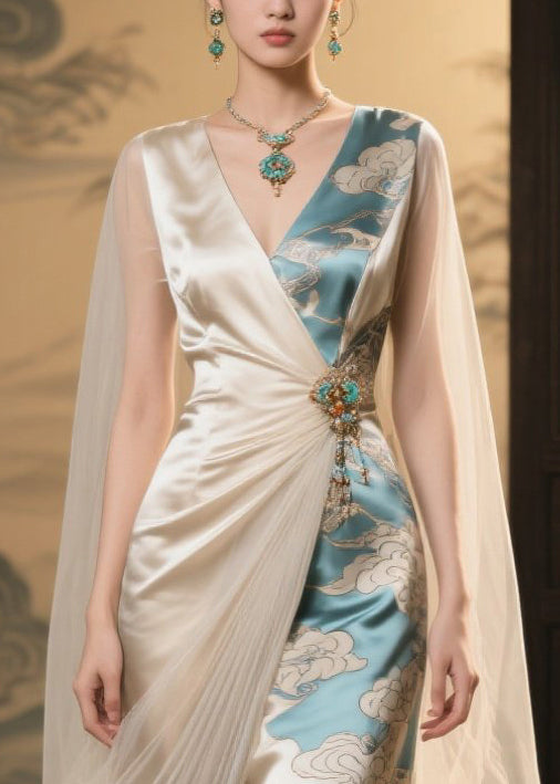 Satin Deep V-Neck Sheer Cape Brooch Drape Asymmetric Patchwork Maxi Gown