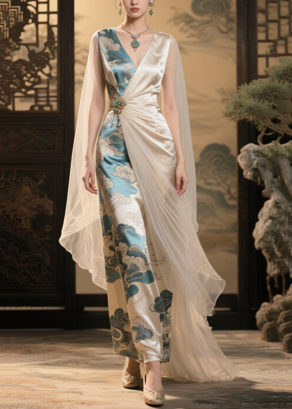 Satin Deep V-Neck Sheer Cape Brooch Drape Asymmetric Patchwork Maxi Gown