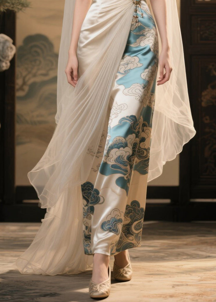 Satin Deep V-Neck Sheer Cape Brooch Drape Asymmetric Patchwork Maxi Gown