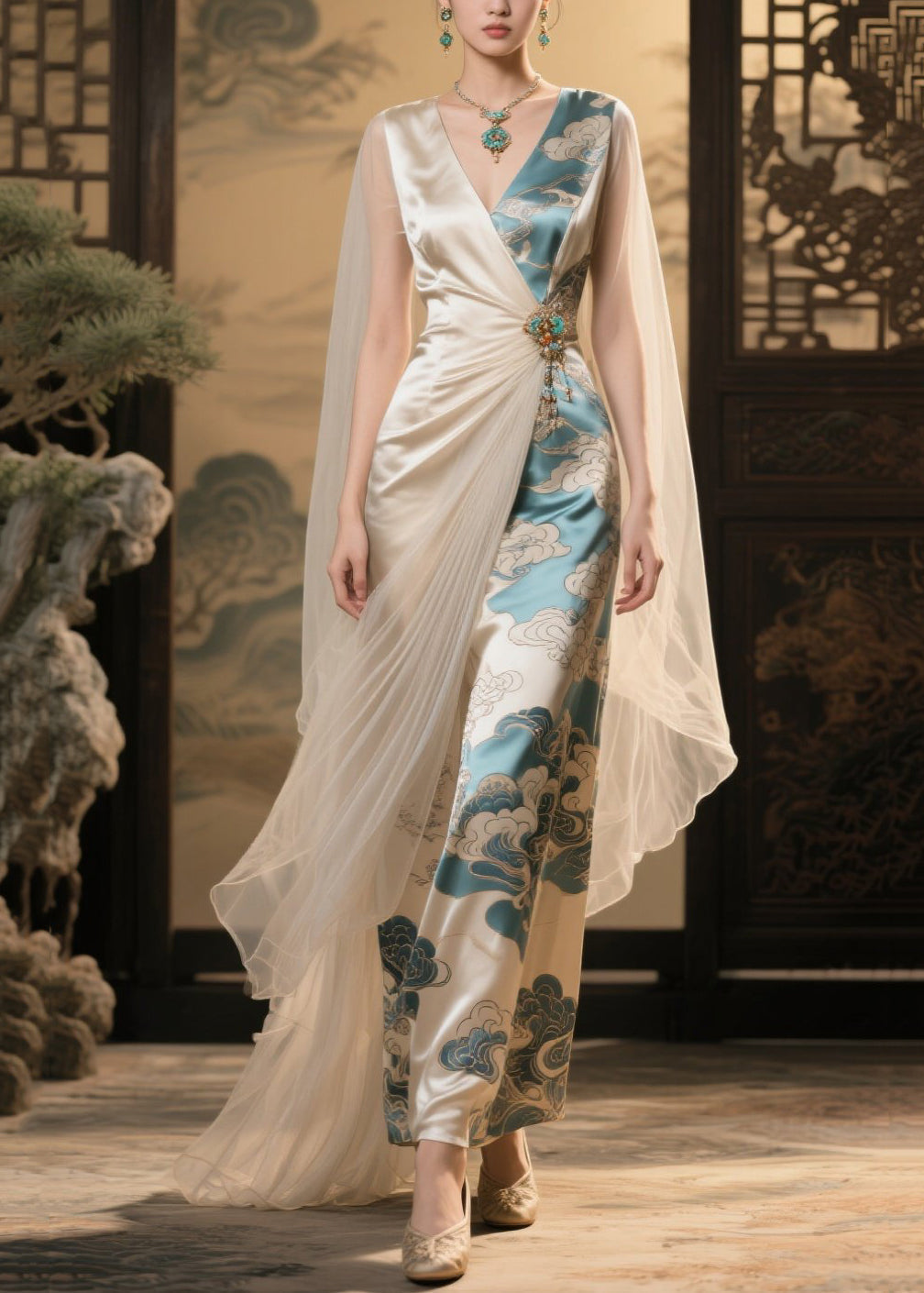 Satin Deep V-Neck Sheer Cape Brooch Drape Asymmetric Patchwork Maxi Gown