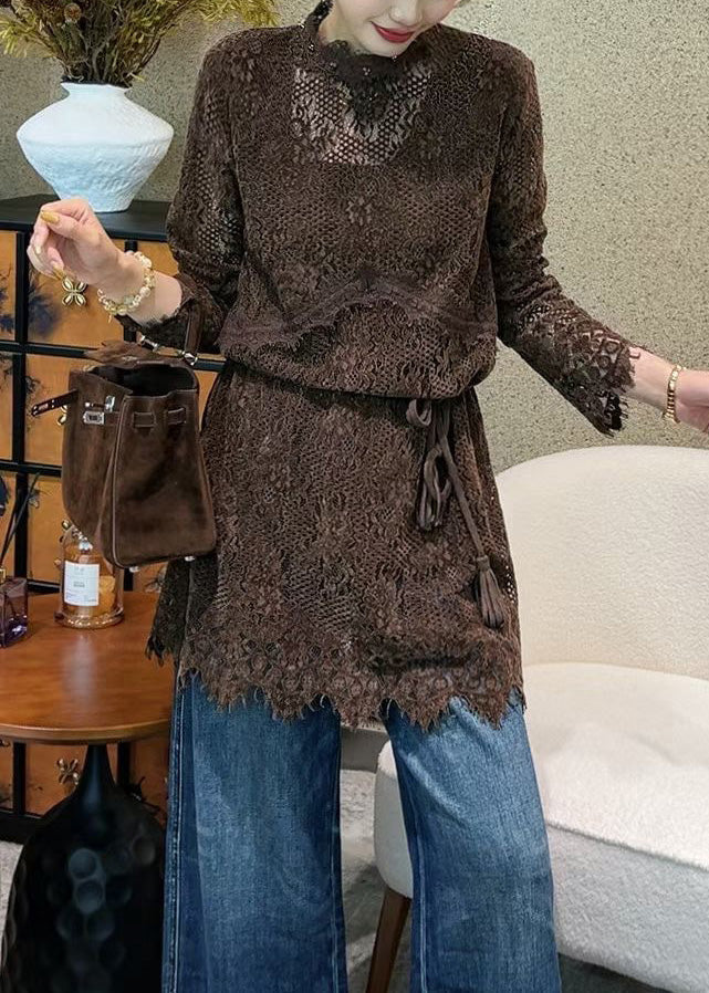 Italian Coffee Hollow Out Tie Waist Lace Mini Dress Fall 3