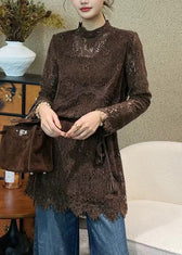 Italian Coffee Hollow Out Tie Waist Lace Mini Dress Fall 4