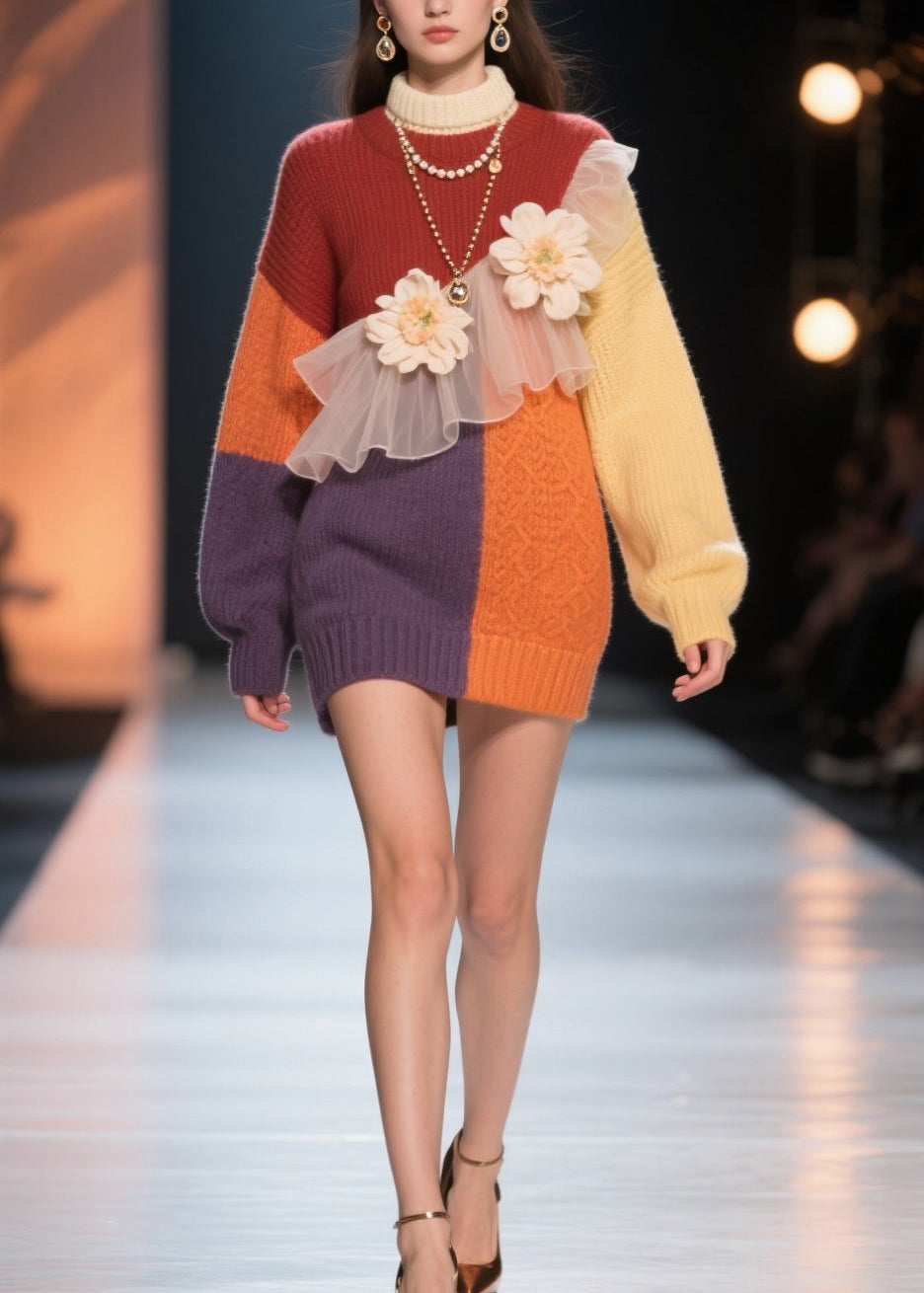 Colorblock Knit Turtleneck Tulle Ruffle Floral Appliqué Oversized Mini Sweater Dress