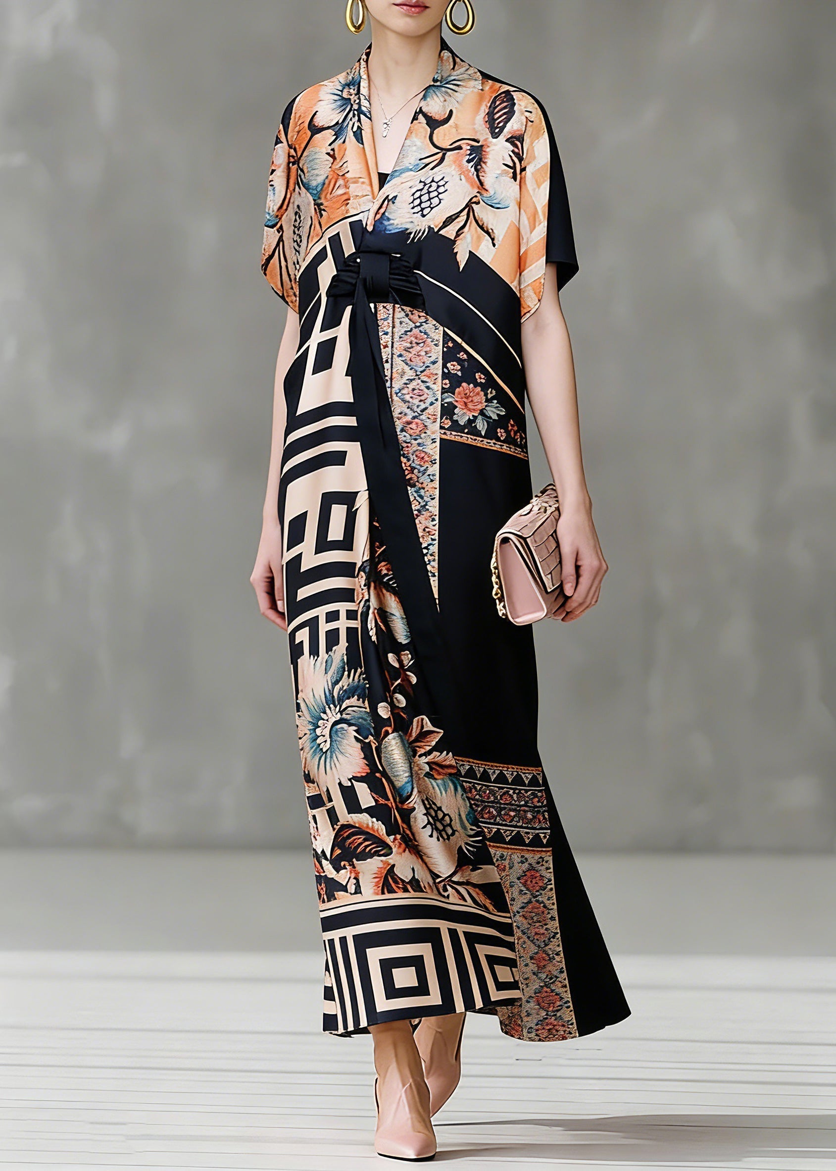 Floral Geometric Print Wrap Deep V-Neck Kimono Sleeve Tie Waist Maxi Gown