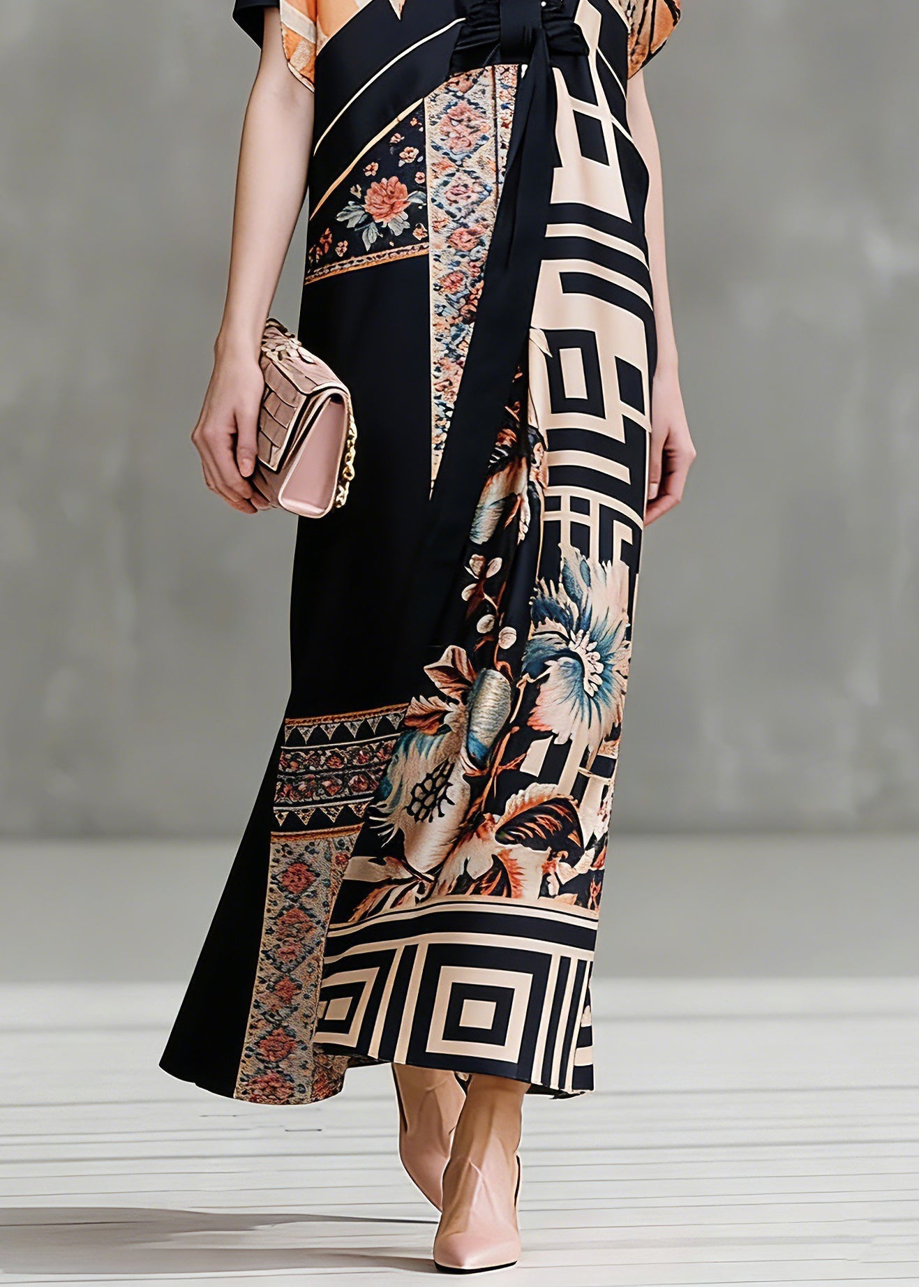 Floral Geometric Print Wrap Deep V-Neck Kimono Sleeve Tie Waist Maxi Gown