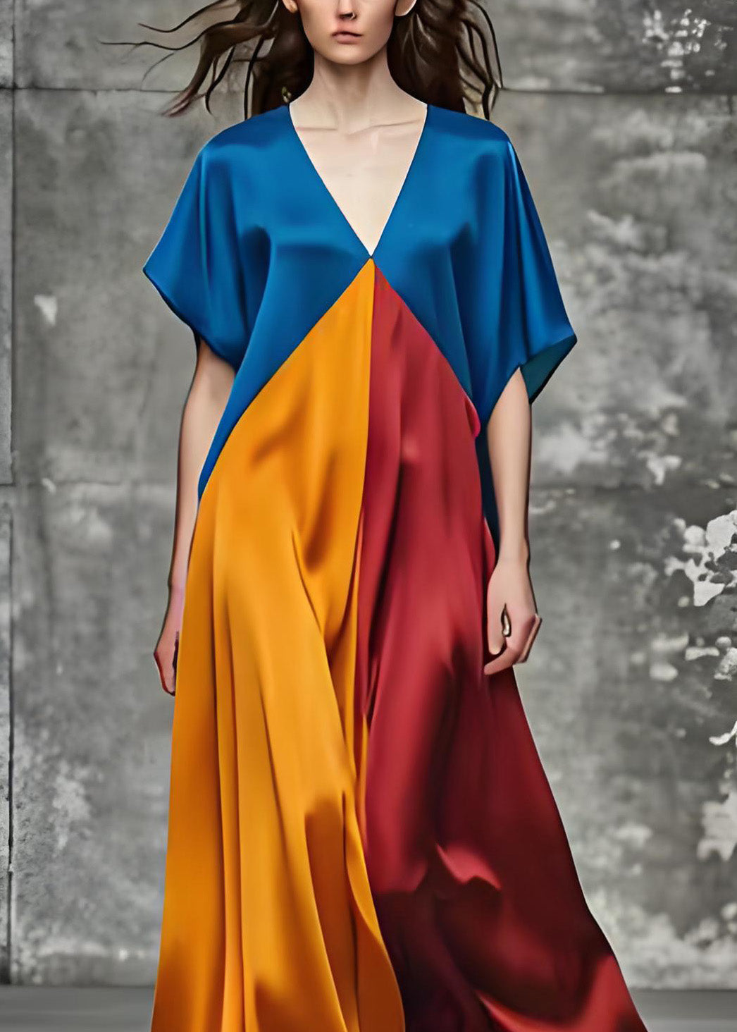 Satin Deep V-Neck Short Sleeve Color Block Kaftan Maxi Dress