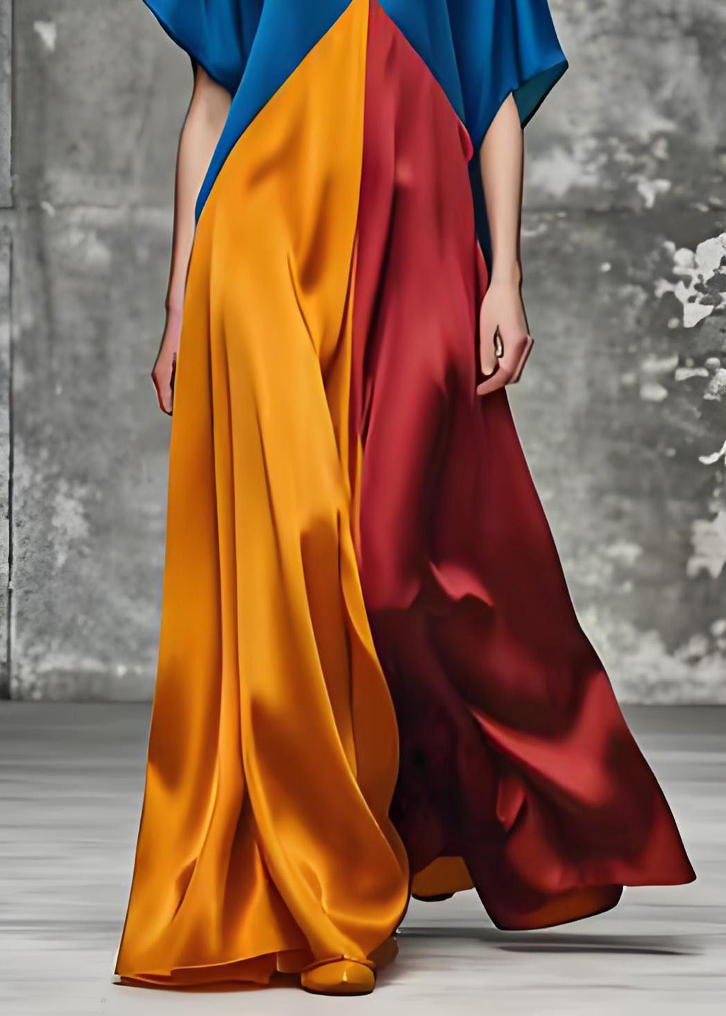 Satin Deep V-Neck Short Sleeve Color Block Kaftan Maxi Dress