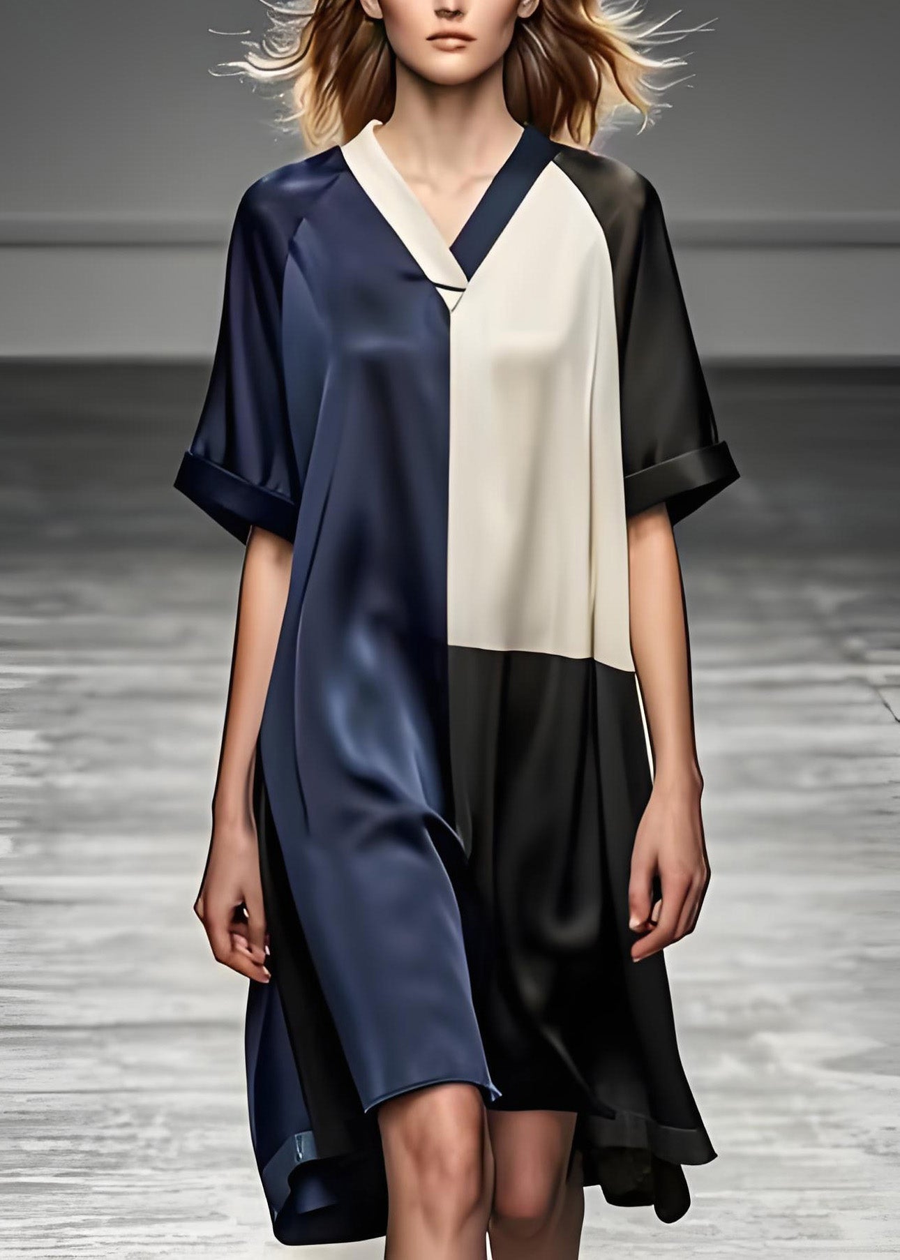 Satin V-Neck Contrast Collar Colorblock Loose Shift Midi Dress