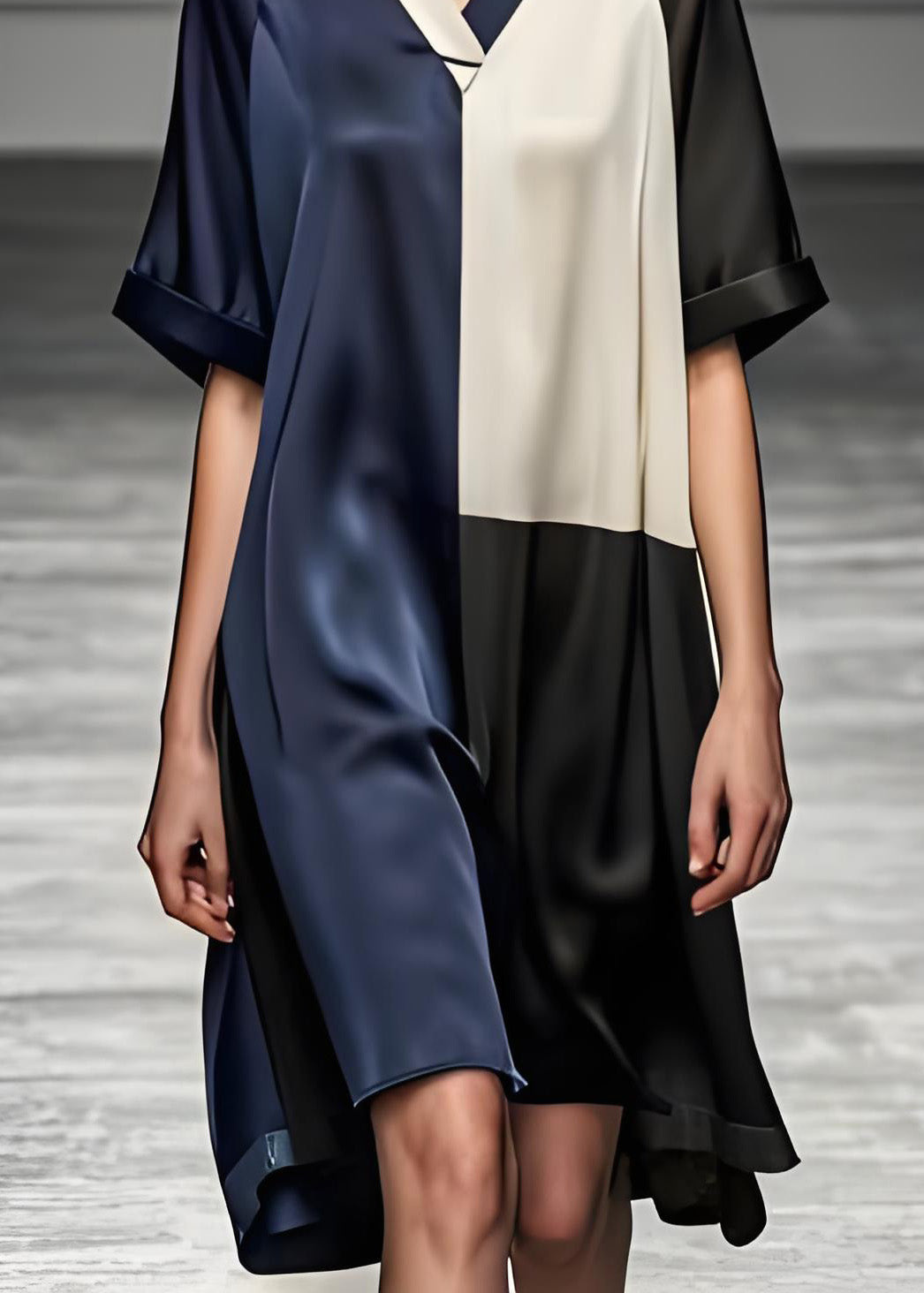 Satin V-Neck Contrast Collar Colorblock Loose Shift Midi Dress