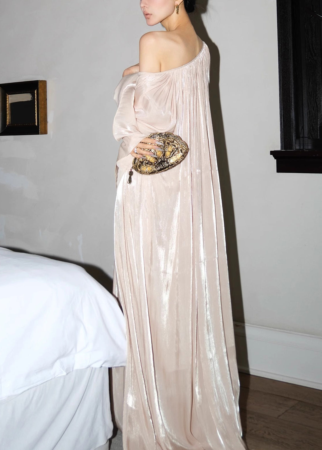 Metallic Micro Pleat Deep V-Neck Oversized Long Sleeve Floor Length Gown