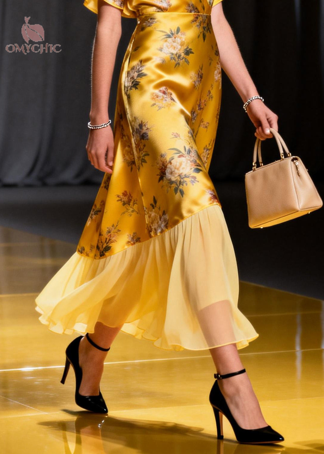 Satin Floral Wrap V-Neck Flutter Sleeve Sheer Ruffle Hem Midi Dress