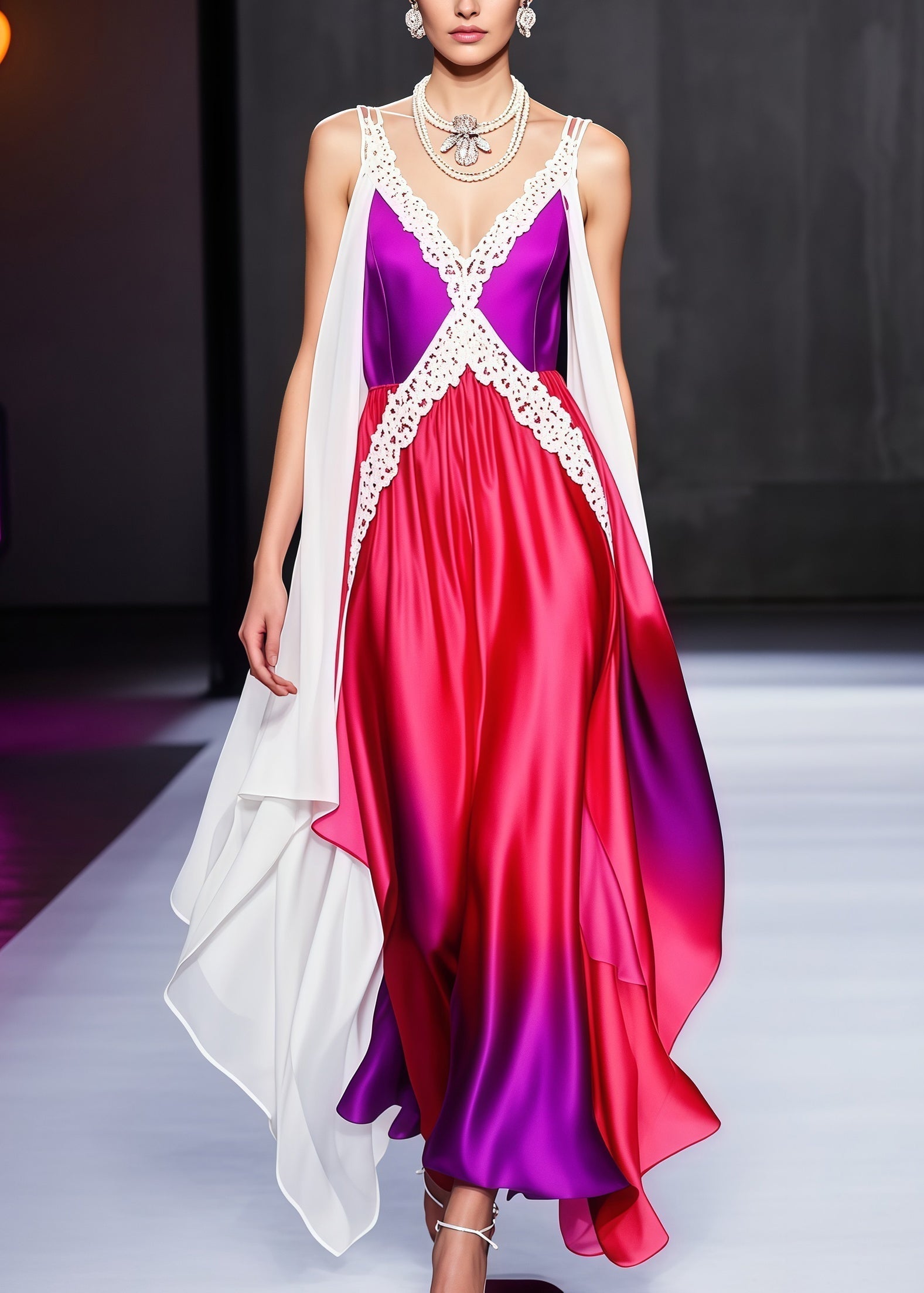 Deep V-Neck Lace Trim Satin Draped Tiered Cape Panel Maxi Gown