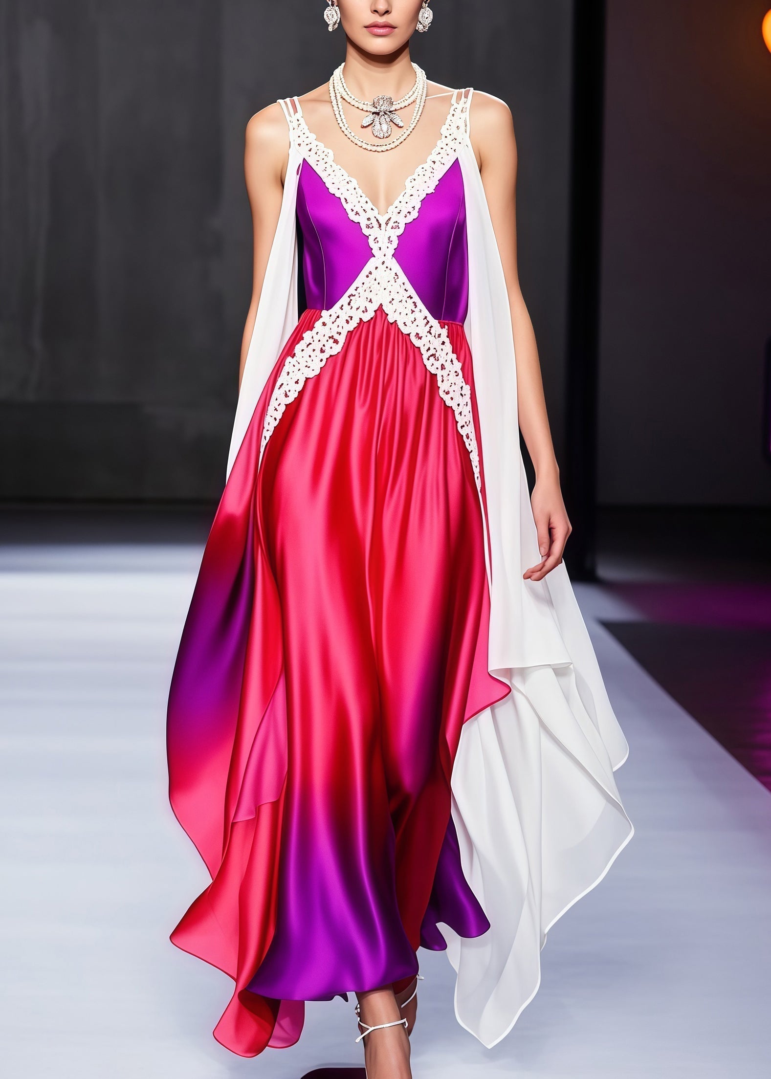 Deep V-Neck Lace Trim Satin Draped Tiered Cape Panel Maxi Gown