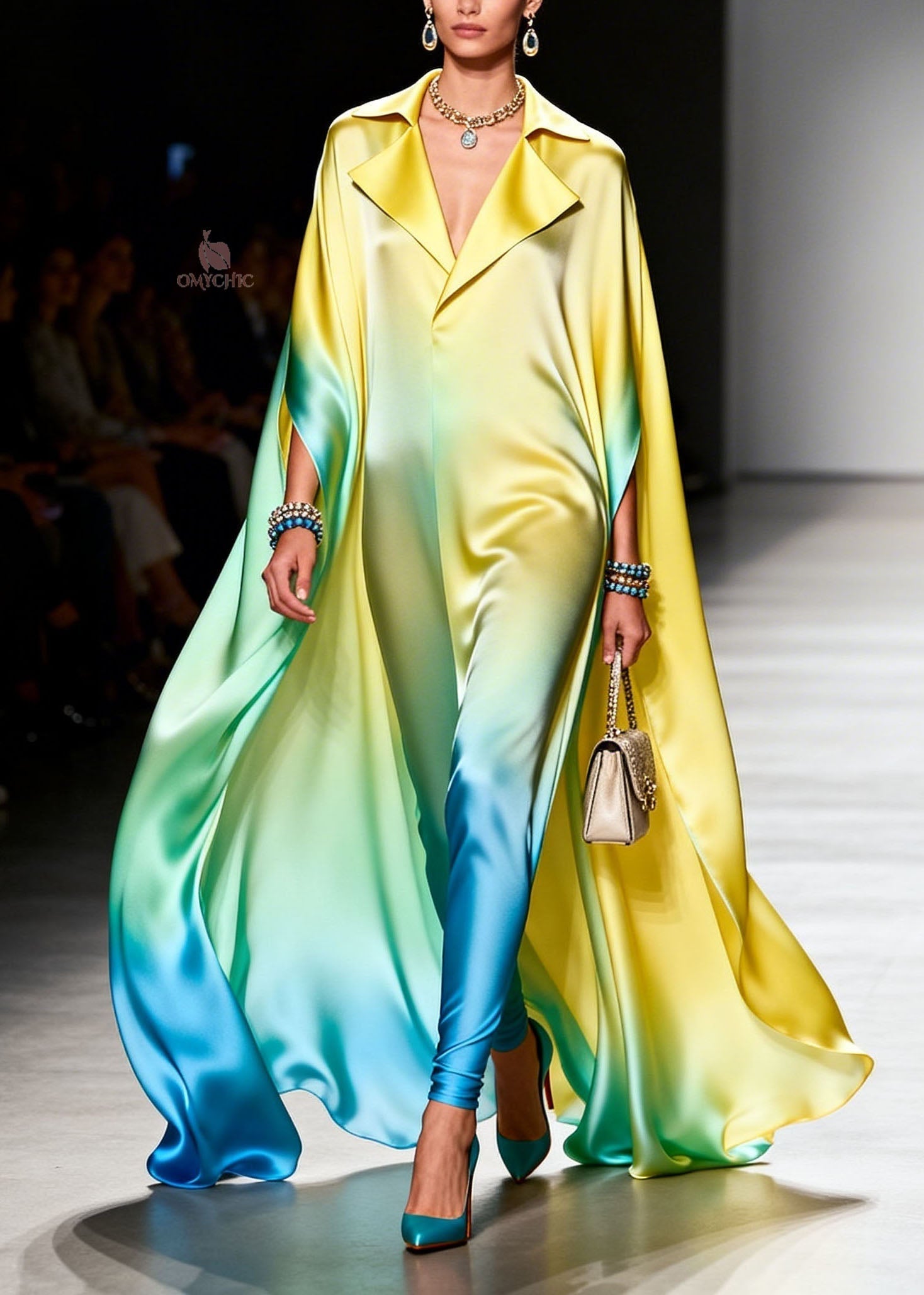 Italian Gradient Color Peter Pan Collar Chiffon Maxi Dresses Summer - View 3