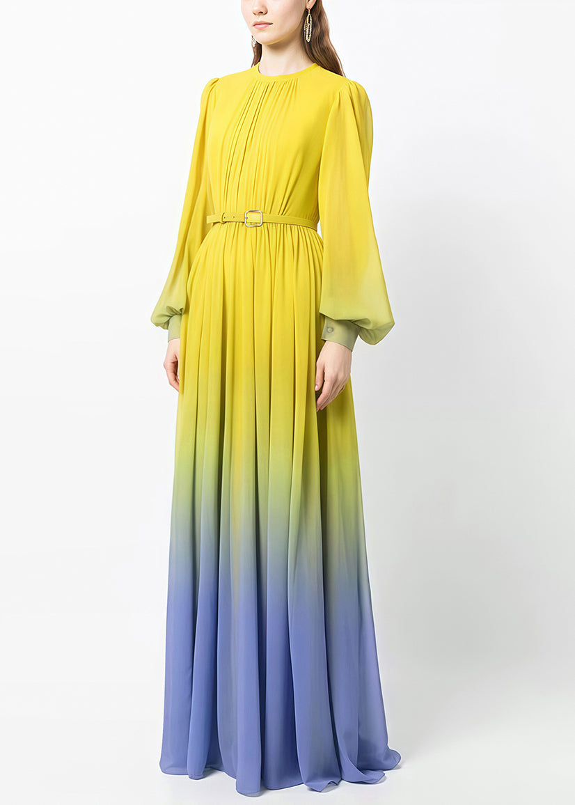 Chiffon Ombre Gradient Pleated Mock Neck Bishop Sleeve Belted Maxi Gown