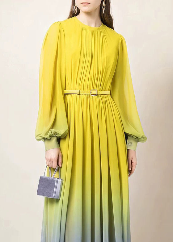 Chiffon Ombre Gradient Pleated Mock Neck Bishop Sleeve Belted Maxi Gown