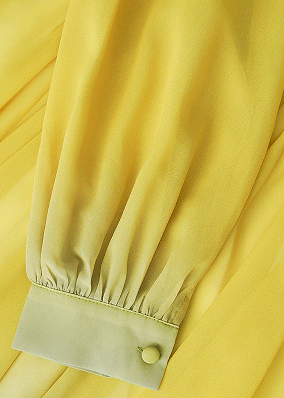 Chiffon Ombre Gradient Pleated Mock Neck Bishop Sleeve Belted Maxi Gown