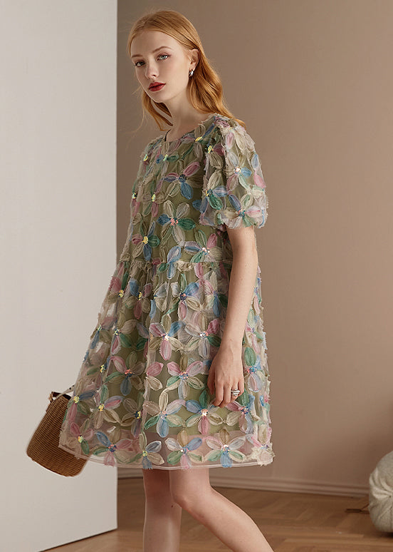 Floral Applique Mesh Round Neck Puff Sleeve Babydoll Mini Dress