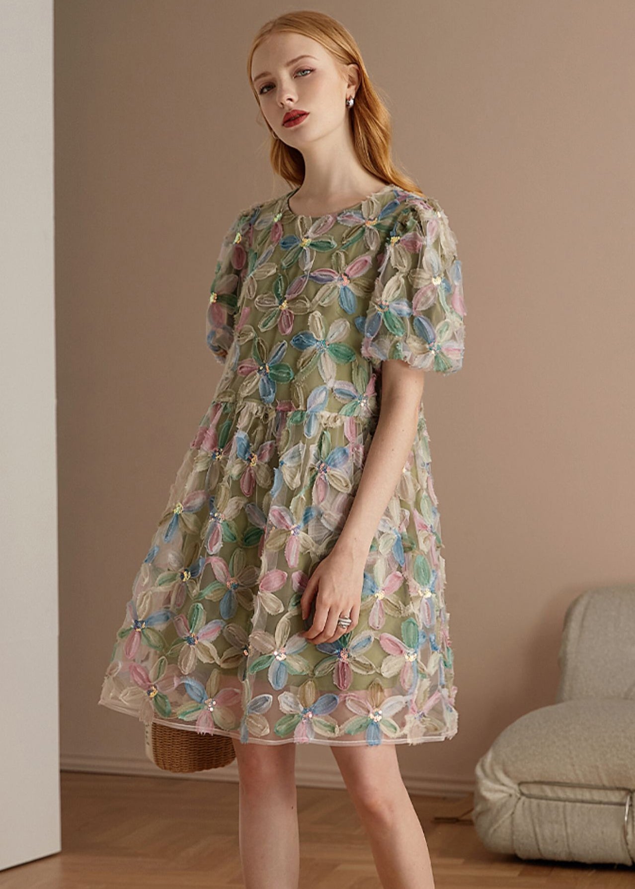 Italian Green O Neck Floral Patchwork Tulle Mid Dresses Puff Sleeve - View 3