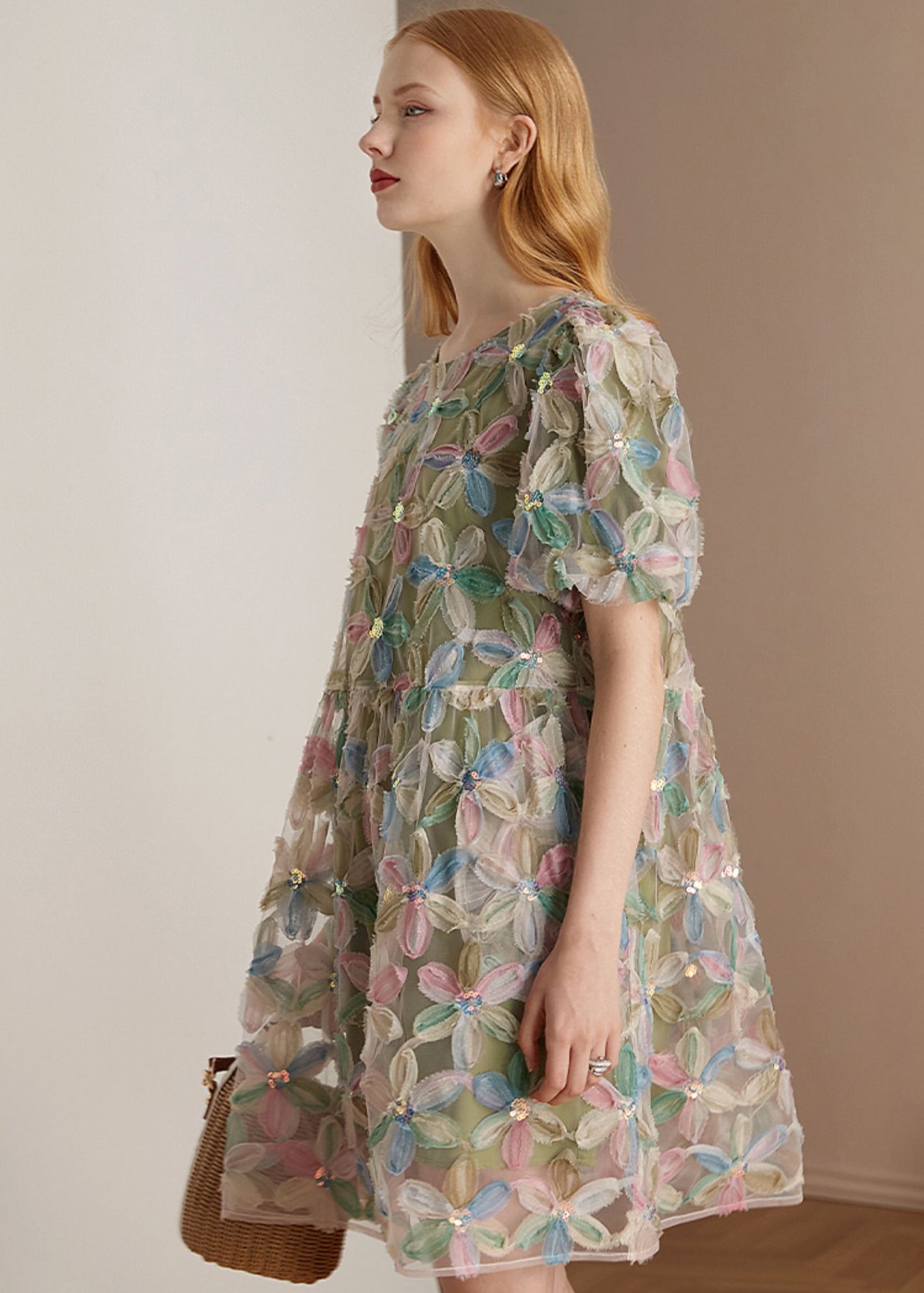 Italian Green O Neck Floral Patchwork Tulle Mid Dresses Puff Sleeve - View 4