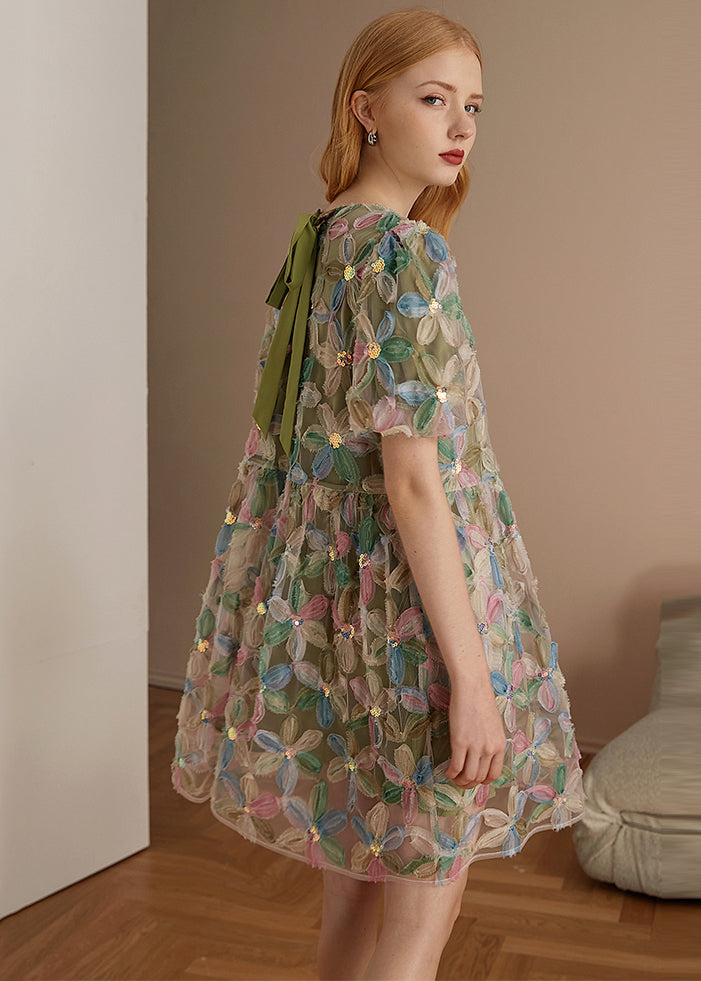 Italian Green O Neck Floral Patchwork Tulle Mid Dresses Puff Sleeve - View 5