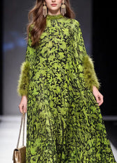 Italian Green Print Fur Patchwork Chiffon Maxi Dresses Spring 2