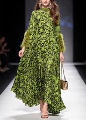 Italian Green Print Fur Patchwork Chiffon Maxi Dresses Spring 3