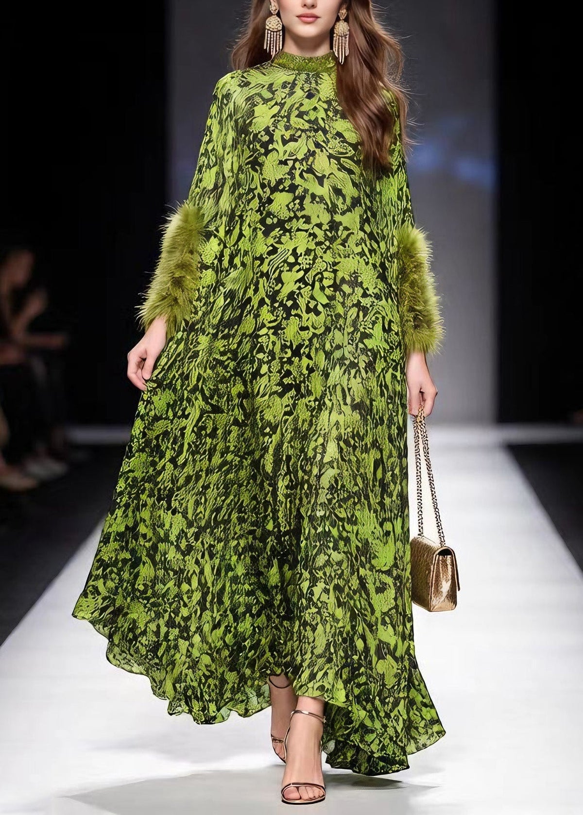 Print Mock Neck Feather Trim Long Sleeve Swing Chiffon Maxi Dress 3
