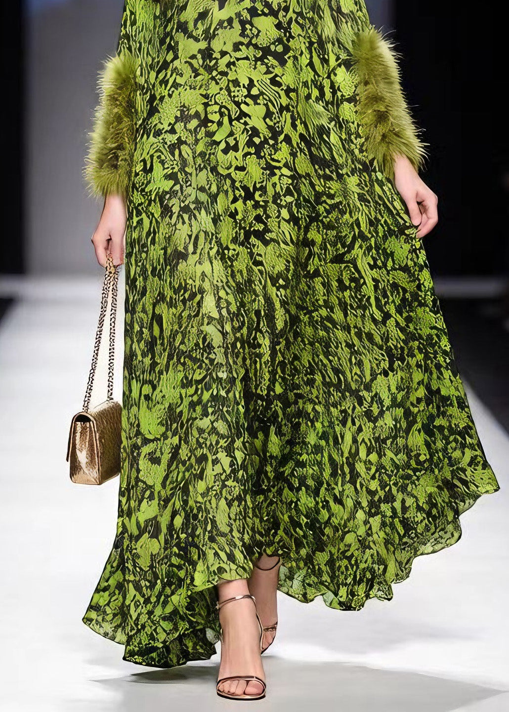 Italian Green Print Fur Patchwork Chiffon Maxi Dresses Spring 4