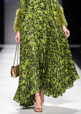 Italian Green Print Fur Patchwork Chiffon Maxi Dresses Spring 4