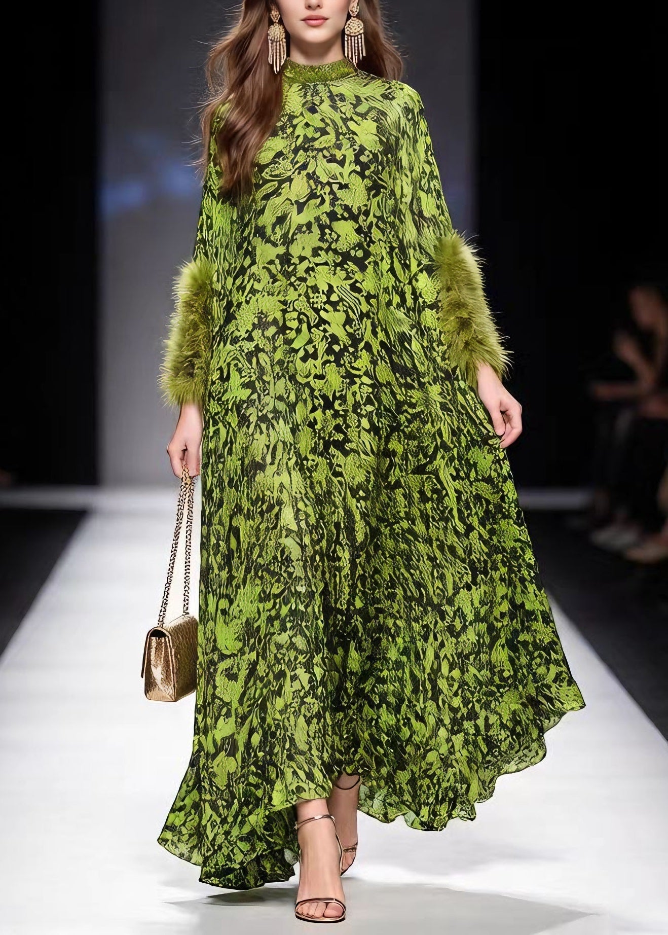 Italian Green Print Fur Patchwork Chiffon Maxi Dresses Spring 5